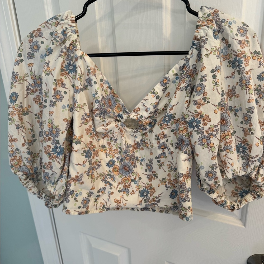 Abercrombie & Fitch Cream Floral Puff-Sleeve Crop Top with Blue and Tan Flowers